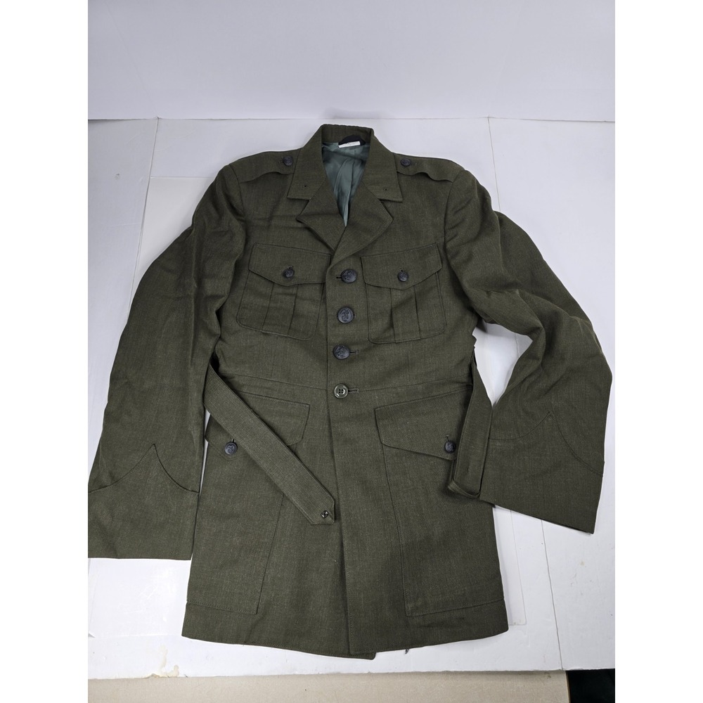 Men's Military Olive Green 37S Belted Shoulder Epaulet Vintage Jacket Serge Coat